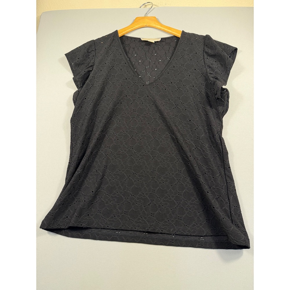 Michael Michael‎ Kors Black Eyelet Lace V-Neck Ruffle Sleeve Blouse Top Medium